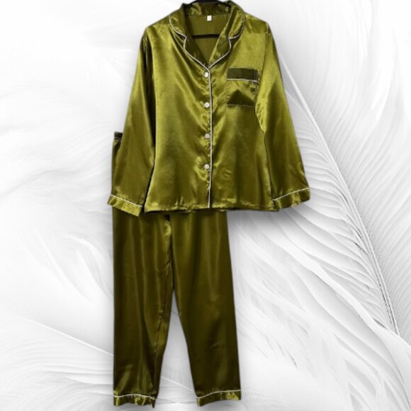 Olive Green Satin Pajama Set with White Piping – Size L - Picture 3 of 11